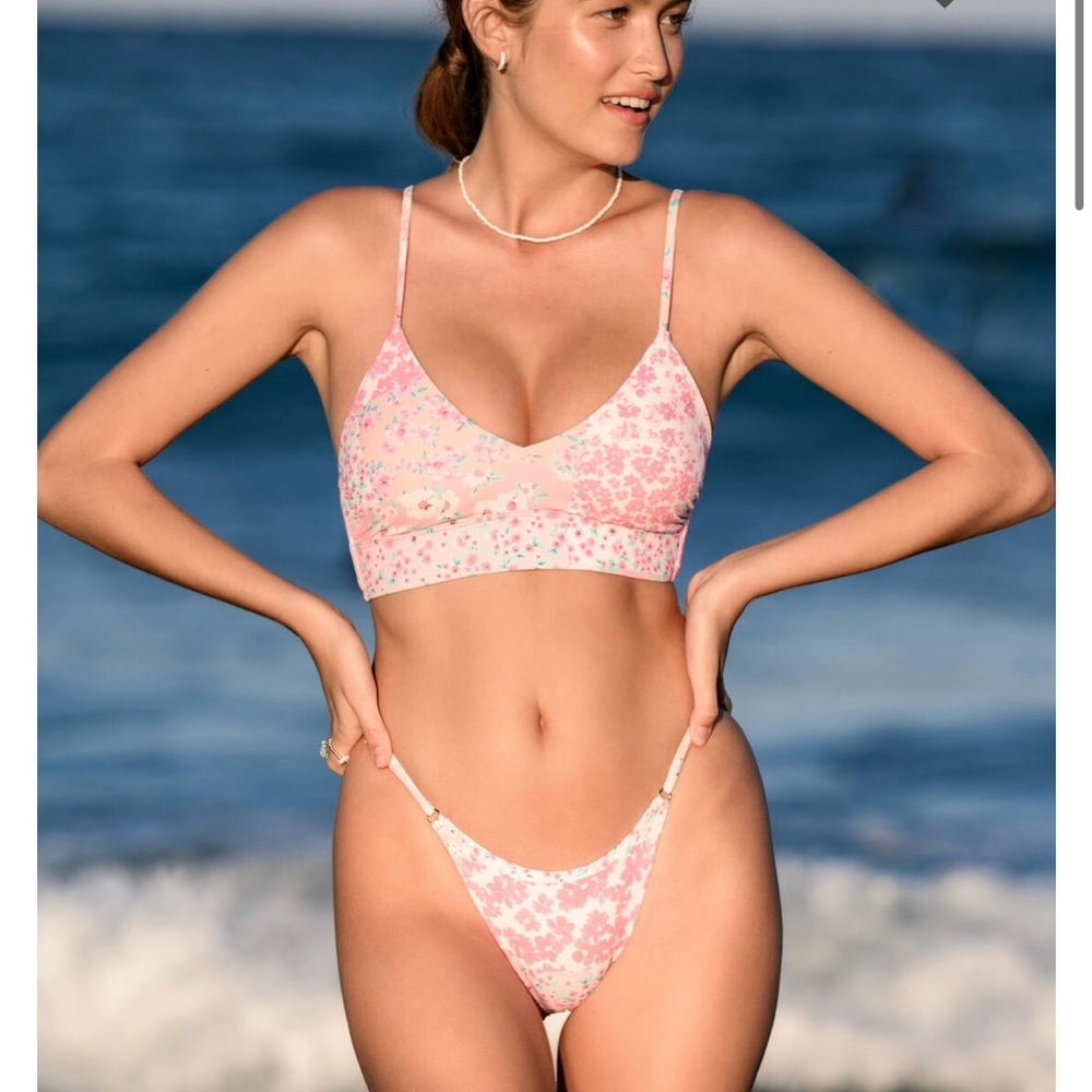 Pink and White Cheeky Bikini with Triangle Top by Power 2 Flower